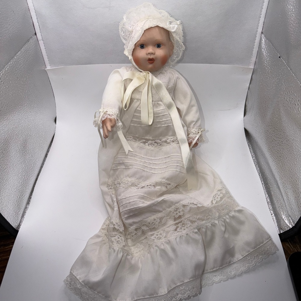 Kathy Hippensteel Doll Unisex 14" White Lace Christening Gown Vintage Porcelain